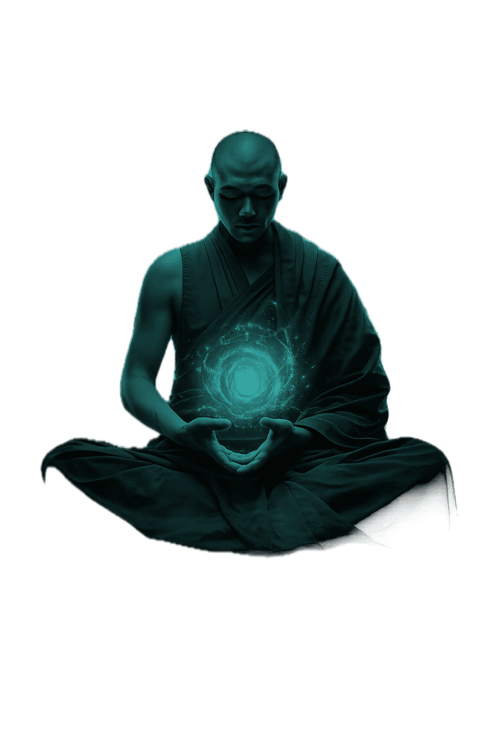 Meditierende Figur im Schneidersitz, freigestellt in Teal.