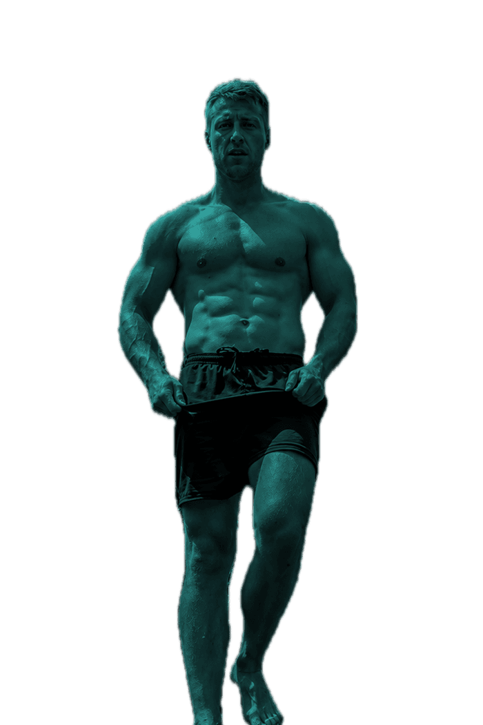 Michael, muskulös, freigestellt in Teal.